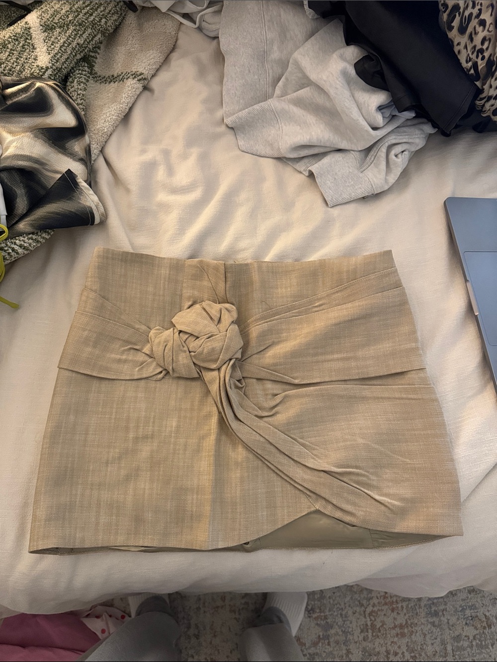 Beige Knot-Front Mini Skirt